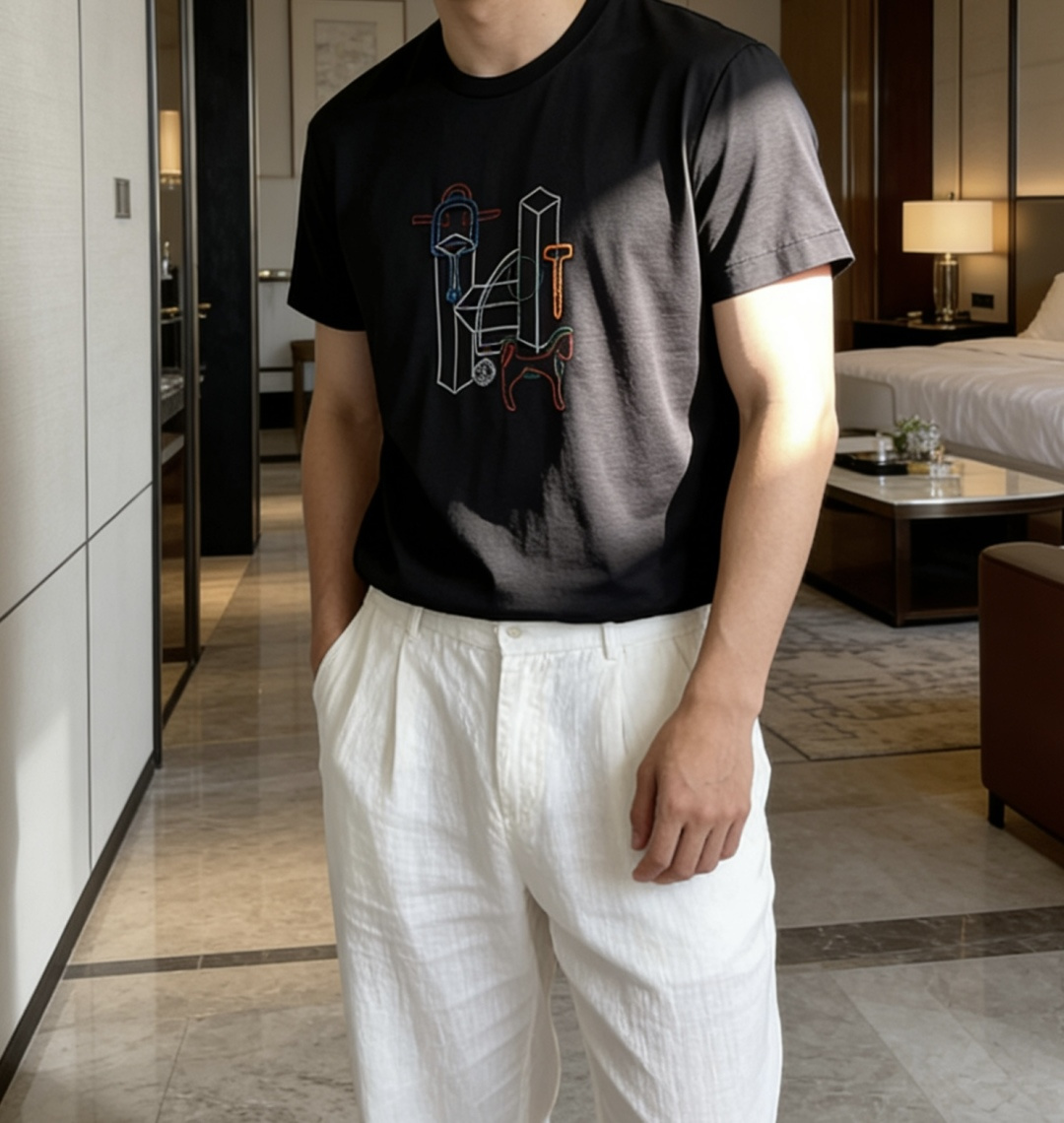爱马家 2026春夏最新骏马牙刷绣男士圆领T恤衫，胸前极具代表性的巴西骏马图案，采用高端重工的牙刷绣工艺