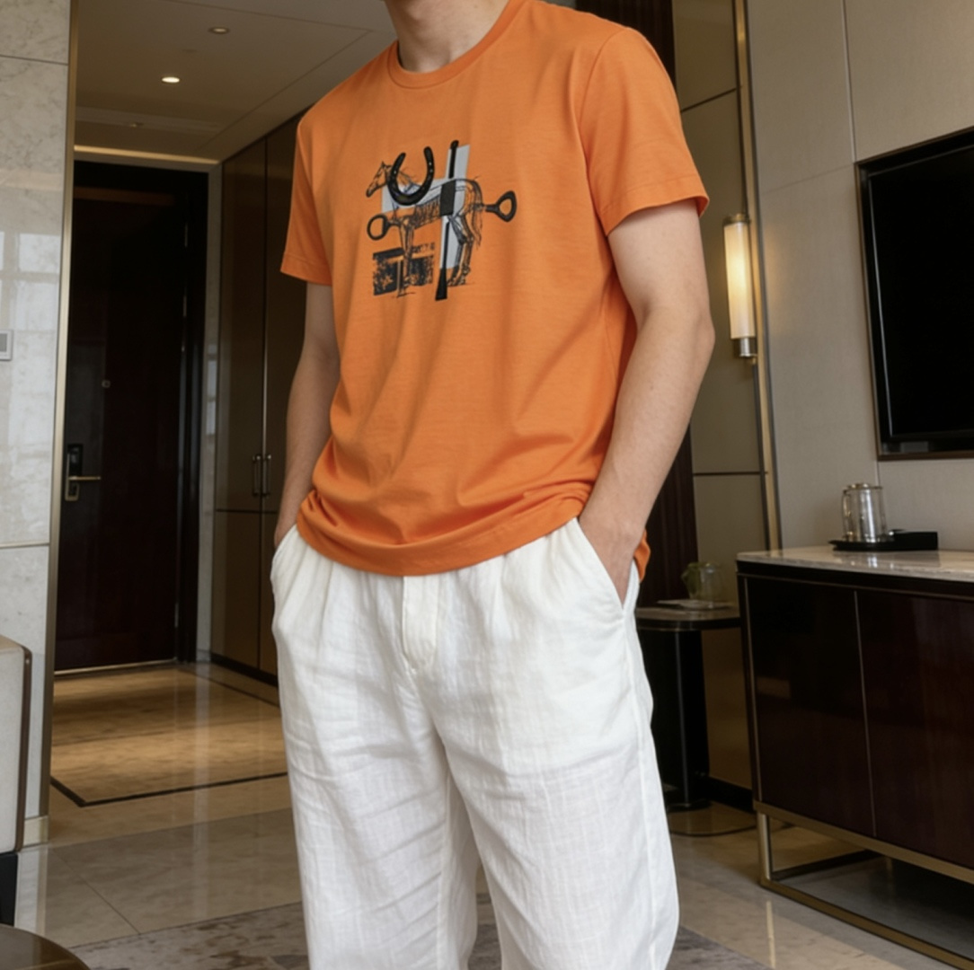 爱马家 2026春夏最新马具贴皮绣男士圆领T恤衫，胸前极具代表性的骏马➕马具图案，采用高端重工的丝网印花