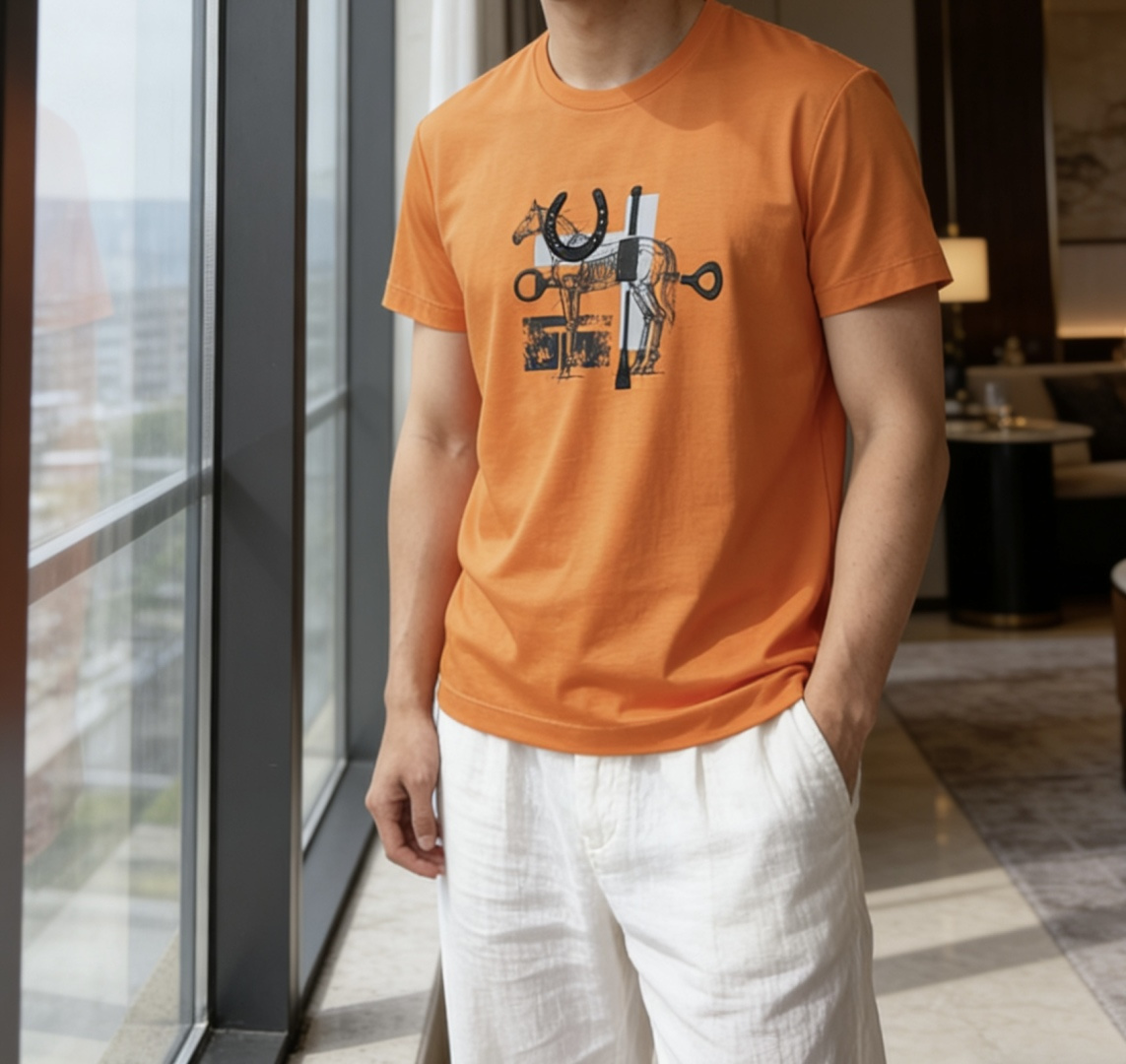 爱马家 2026春夏最新马具贴皮绣男士圆领T恤衫，胸前极具代表性的骏马➕马具图案，采用高端重工的丝网印花