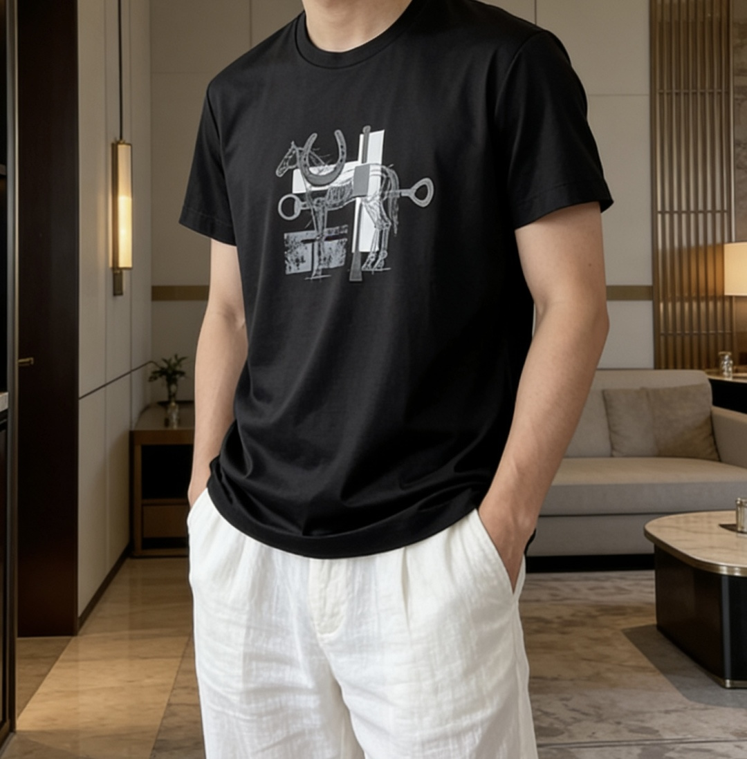 爱马家 2026春夏最新马具贴皮绣男士圆领T恤衫，胸前极具代表性的骏马➕马具图案，采用高端重工的丝网印花