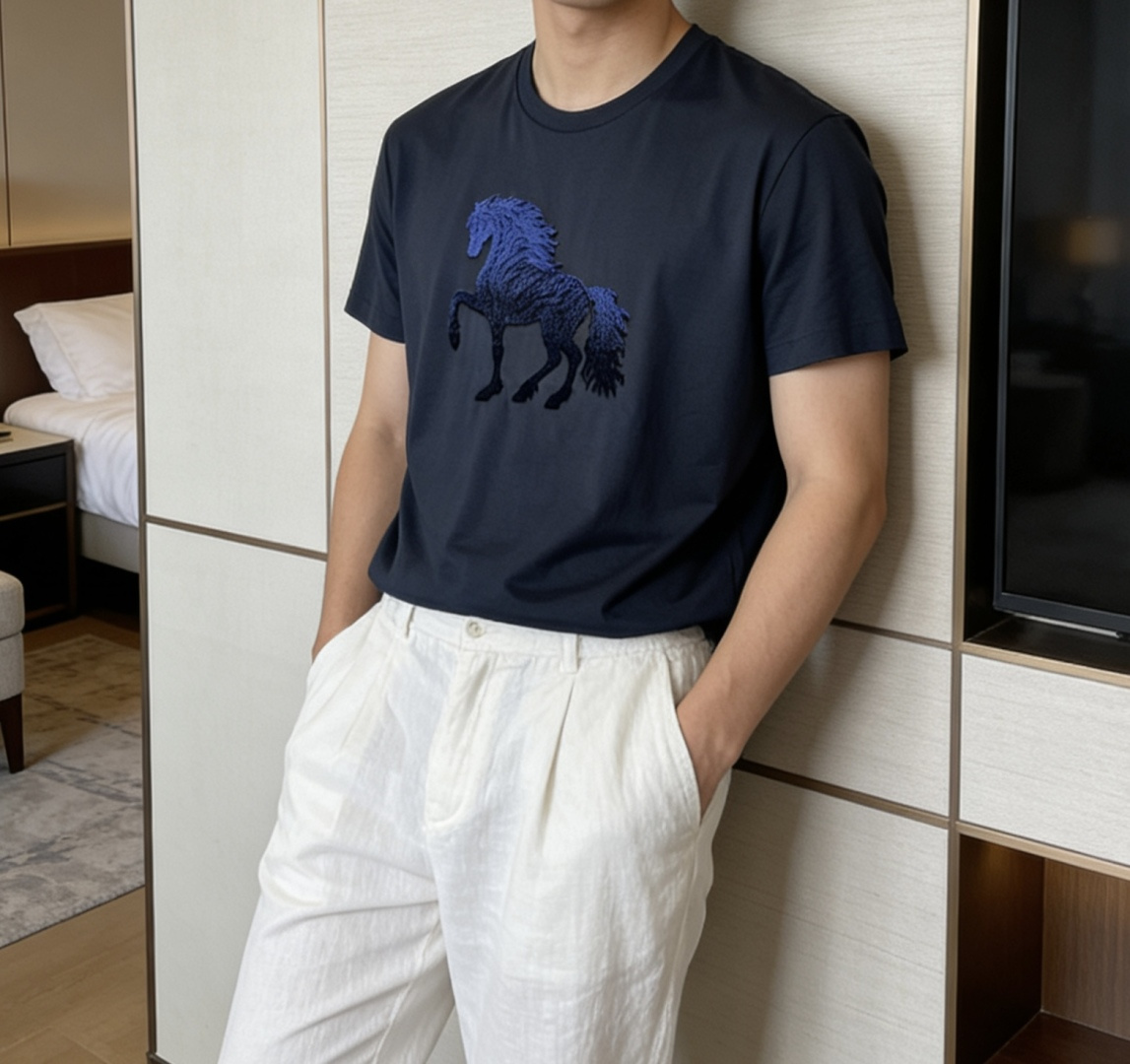爱马家 2026春夏最新骏马牙刷绣男士圆领T恤衫，胸前极具代表性的巴西骏马图案，采用高端重工的牙刷绣工艺