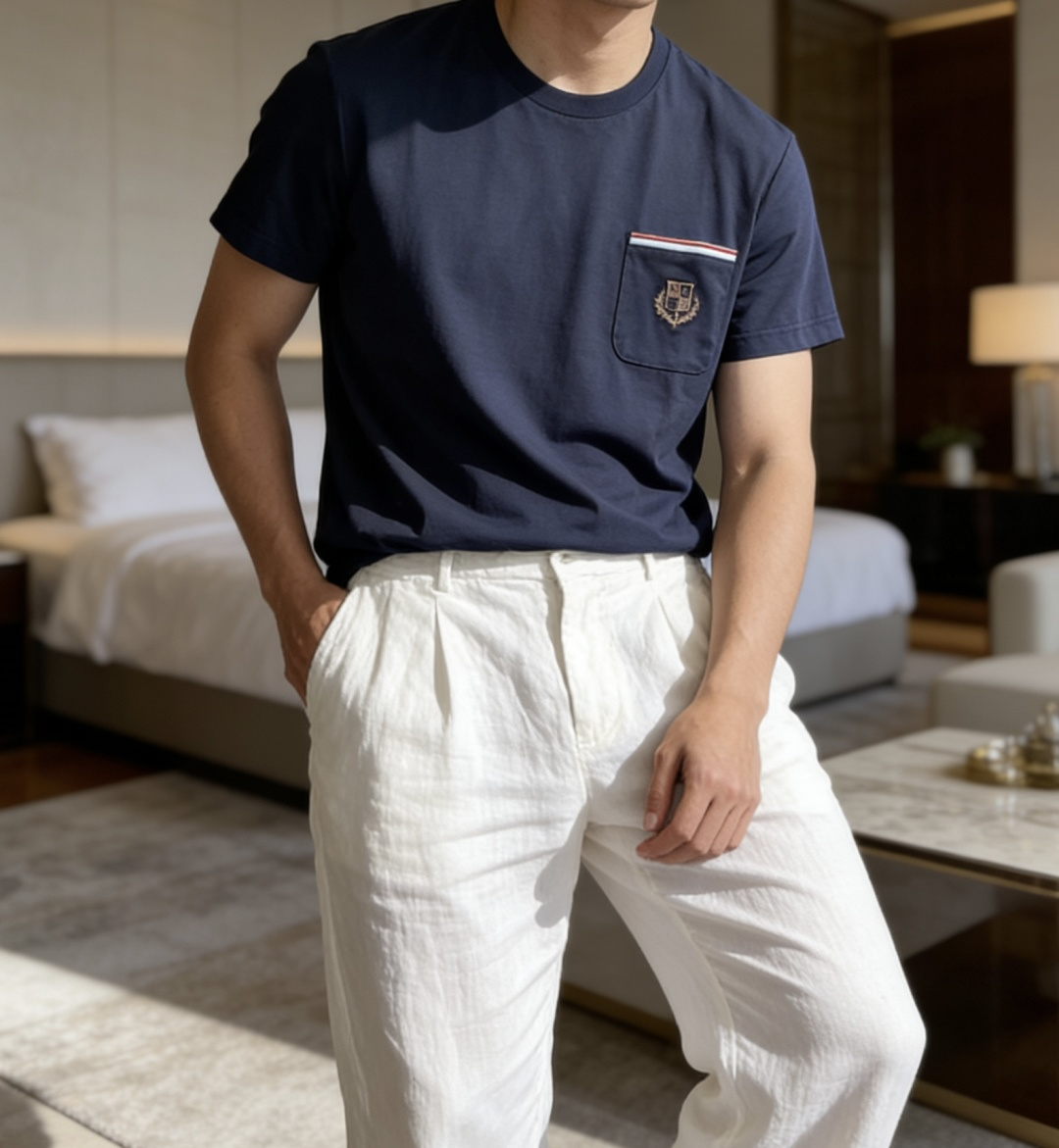 loro Piana家 2026春夏最新口袋绣标男士圆领短袖T恤衫，休闲剪裁棉质运动衫，简单大方，胸前雅
