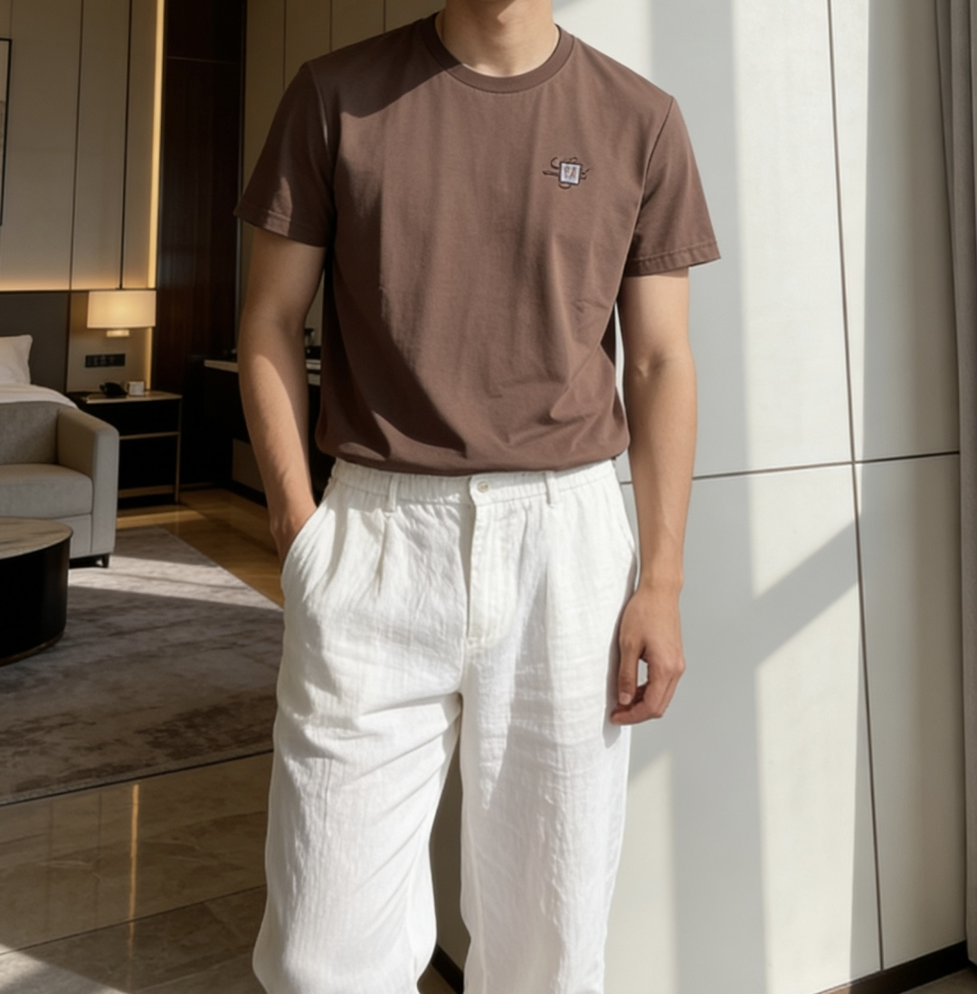 loro Piana家 2026春夏最新经典老鹰绣标男士圆领短袖T恤衫，休闲剪裁棉质运动衫，简单大方，胸