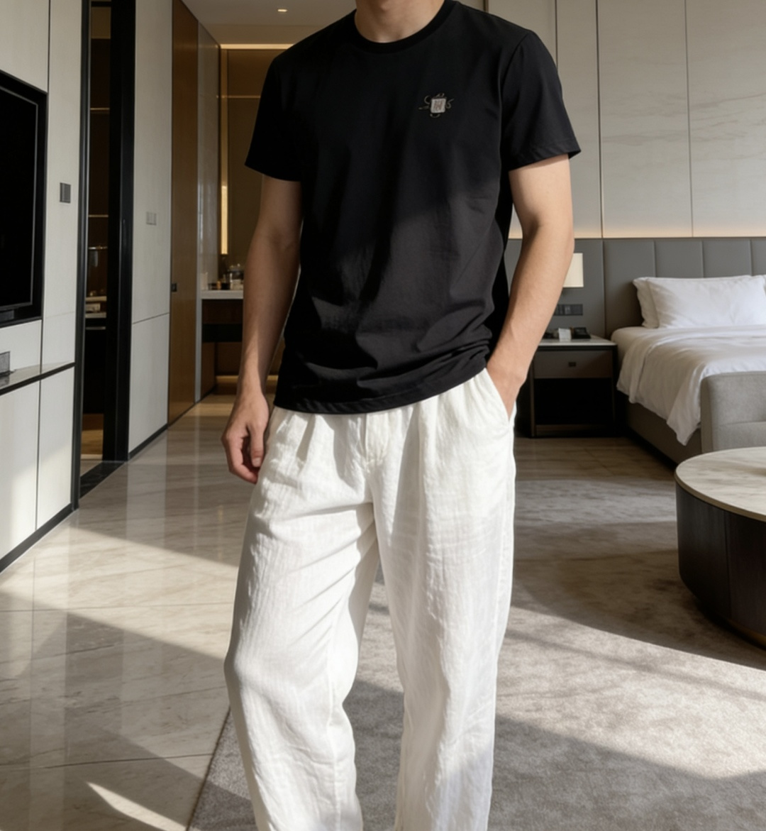loro Piana家 2026春夏最新经典老鹰绣标男士圆领短袖T恤衫，休闲剪裁棉质运动衫，简单大方，胸