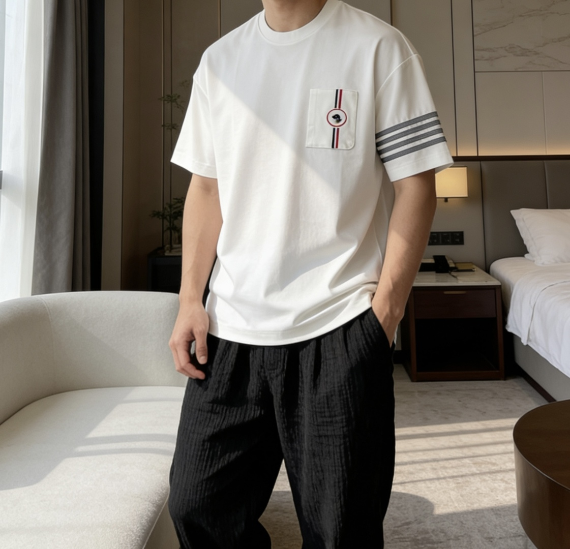 （男女同款），TB家 2026春夏最新狗头绣标圆领T恤衫，胸前别致贴布口袋设计，搭配极具代表性的腊肠狗头