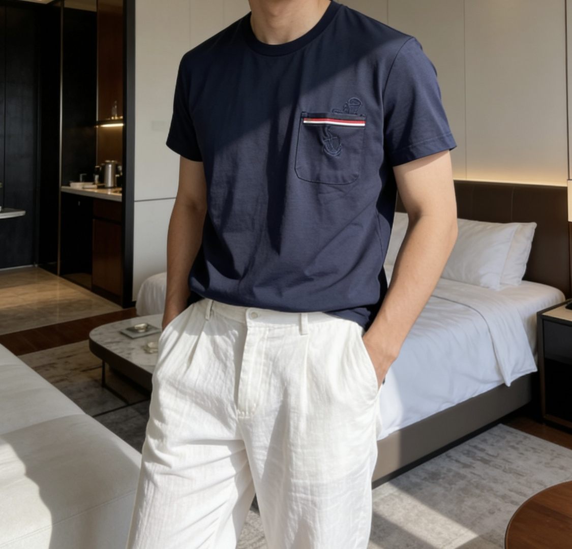 TB家 2026春夏最新船锚绣标男士圆领短袖T恤衫，休闲剪裁棉质运动衫，简单大方，胸前雅致拼布口袋设计，