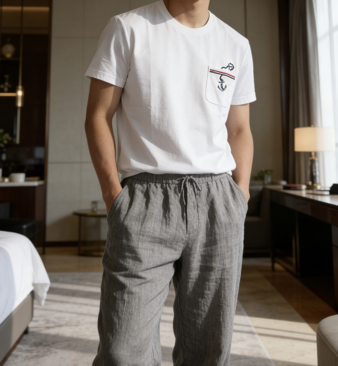 TB家 2026春夏最新船锚绣标男士圆领短袖T恤衫，休闲剪裁棉质运动衫，简单大方，胸前雅致拼布口袋设计，