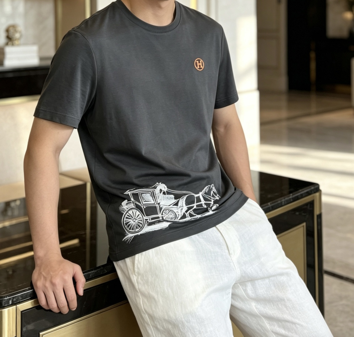 爱*仕 2026春夏最新马车印花男士圆领T恤衫，胸前极具代表性的桔色H刺绣徽标，与下摆处的经典马车图案相