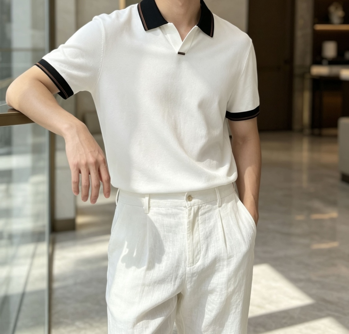 EZ高端春夏新款一比一专柜款，进口纯棉针织翻领短Tee，高端男士纯色针织撞色领短袖T恤，Polo衫！贸易