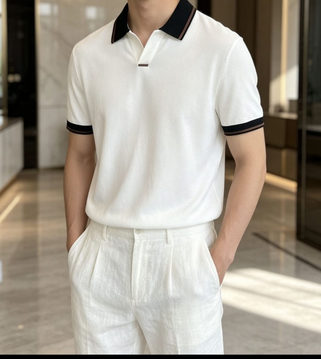 EZ高端春夏新款一比一专柜款，进口纯棉针织翻领短Tee，高端男士纯色针织撞色领短袖T恤，Polo衫！贸易