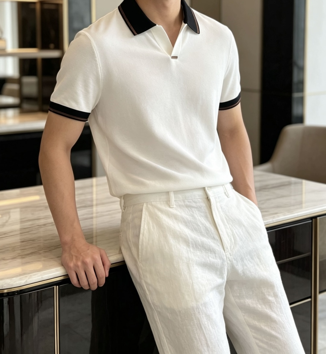 EZ高端春夏新款一比一专柜款，进口纯棉针织翻领短Tee，高端男士纯色针织撞色领短袖T恤，Polo衫！贸易