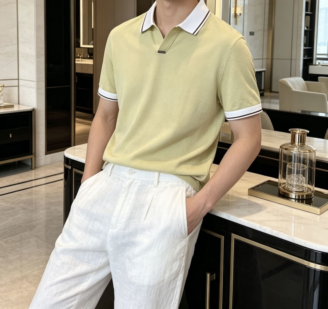 EZ高端春夏新款一比一专柜款，进口纯棉针织翻领短Tee，高端男士纯色针织撞色领短袖T恤，Polo衫！贸易