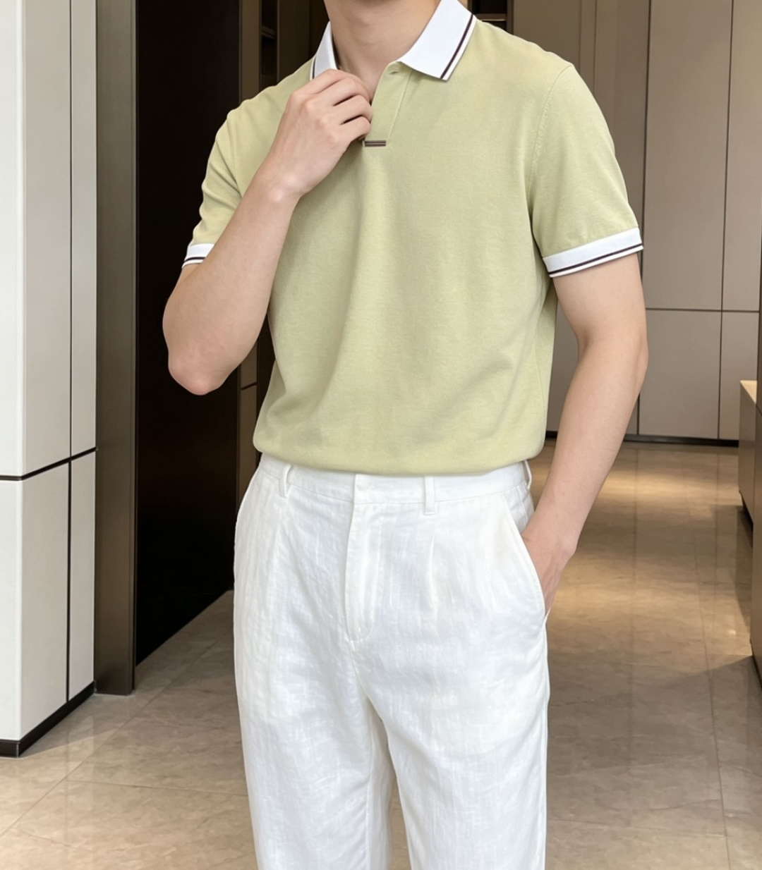 EZ高端春夏新款一比一专柜款，进口纯棉针织翻领短Tee，高端男士纯色针织撞色领短袖T恤，Polo衫！贸易