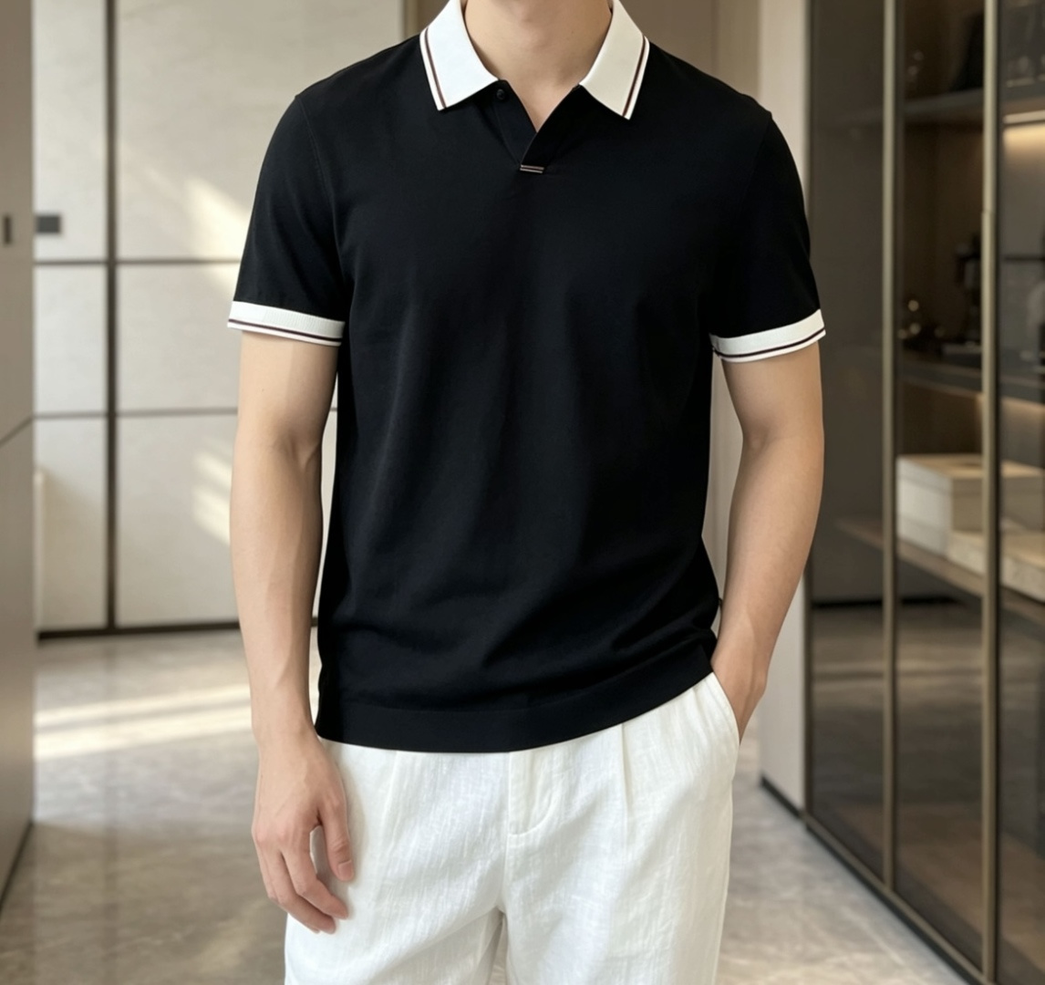 EZ高端春夏新款一比一专柜款，进口纯棉针织翻领短Tee，高端男士纯色针织撞色领短袖T恤，Polo衫！贸易