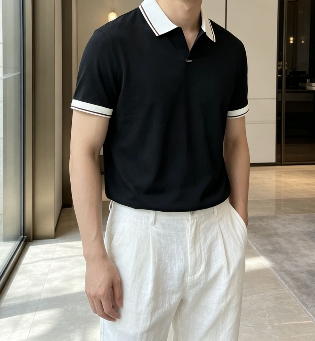 EZ高端春夏新款一比一专柜款，进口纯棉针织翻领短Tee，高端男士纯色针织撞色领短袖T恤，Polo衫！贸易