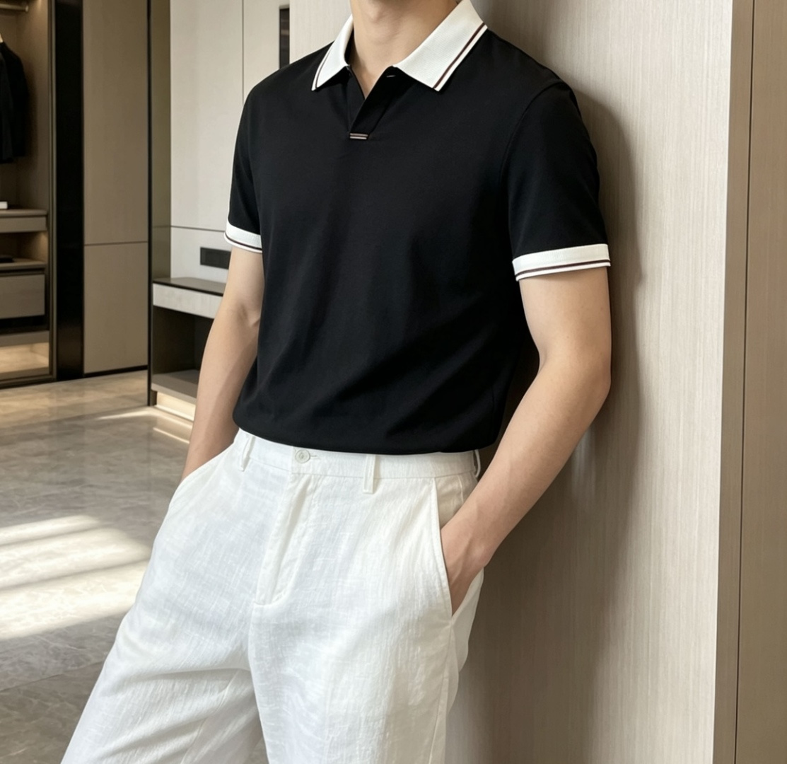 EZ高端春夏新款一比一专柜款，进口纯棉针织翻领短Tee，高端男士纯色针织撞色领短袖T恤，Polo衫！贸易