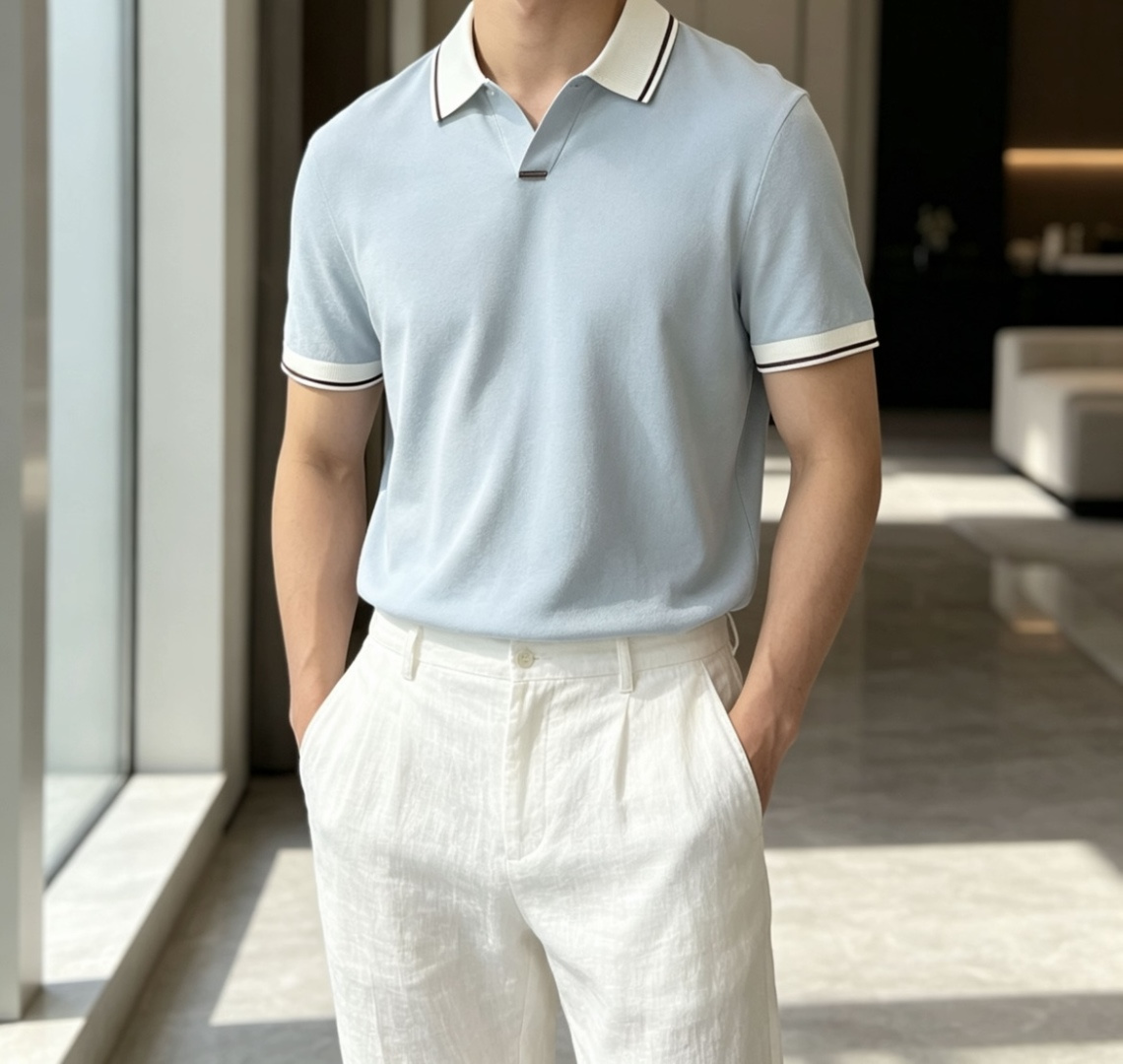 EZ高端春夏新款一比一专柜款，进口纯棉针织翻领短Tee，高端男士纯色针织撞色领短袖T恤，Polo衫！贸易