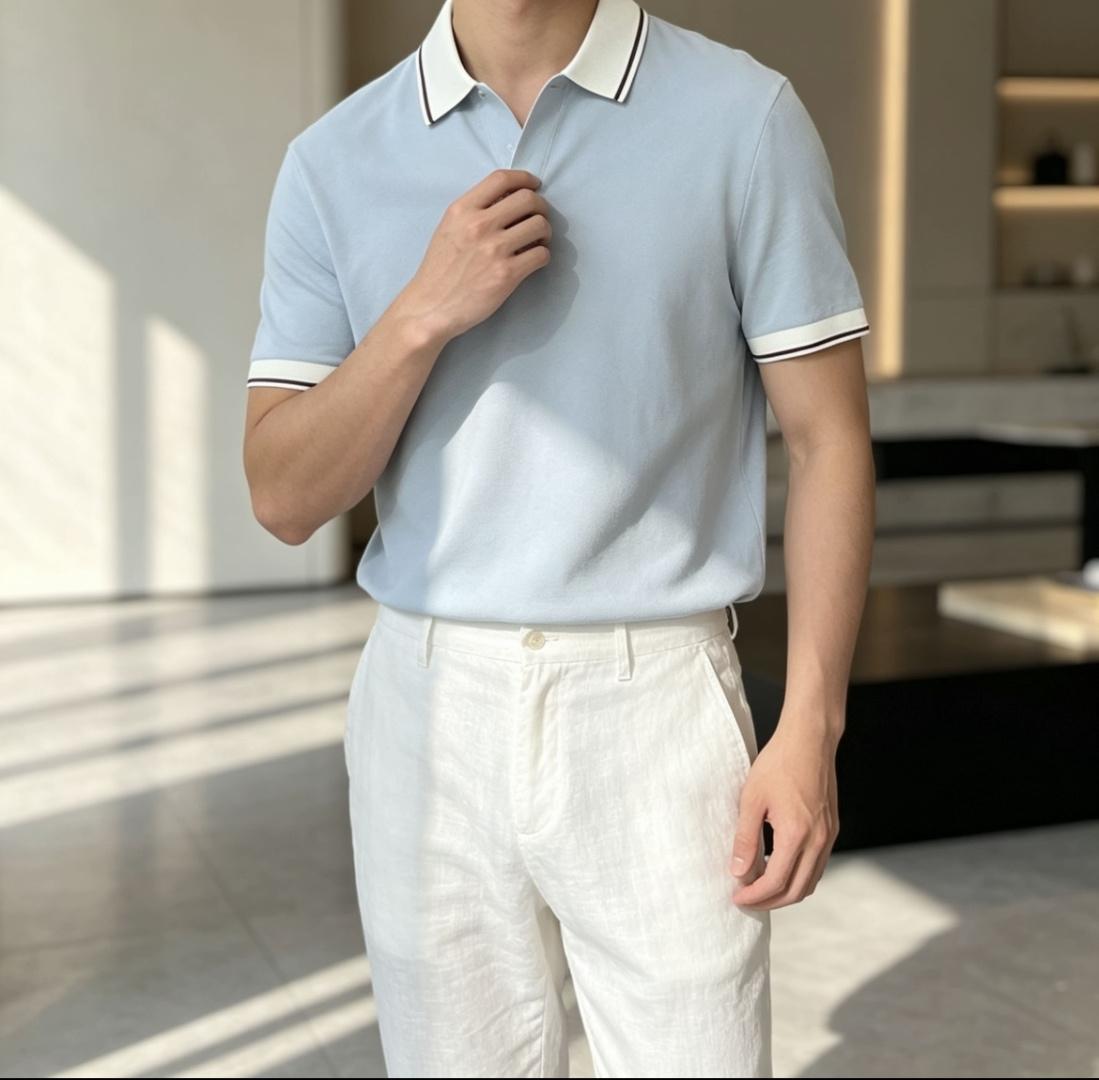 EZ高端春夏新款一比一专柜款，进口纯棉针织翻领短Tee，高端男士纯色针织撞色领短袖T恤，Polo衫！贸易