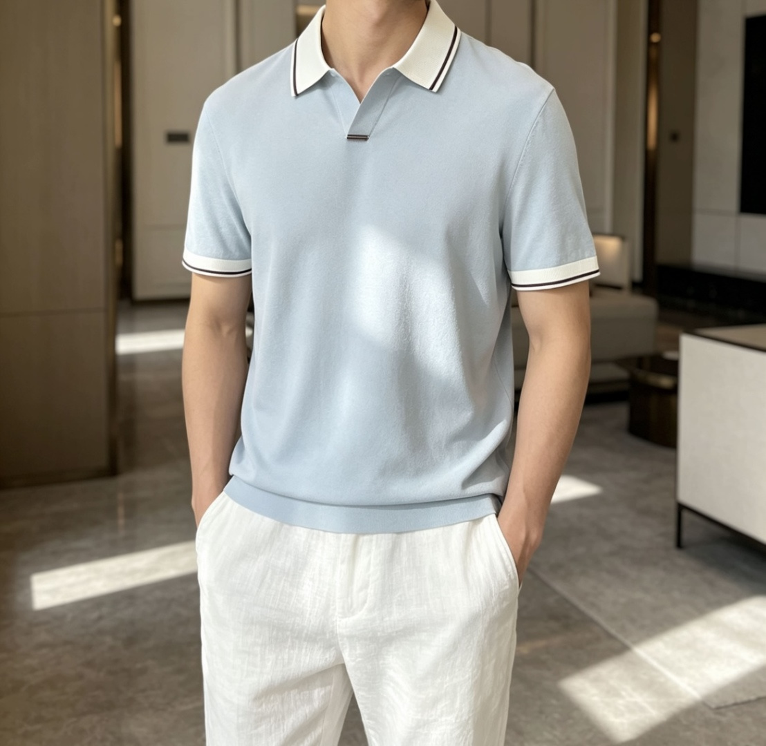 EZ高端春夏新款一比一专柜款，进口纯棉针织翻领短Tee，高端男士纯色针织撞色领短袖T恤，Polo衫！贸易