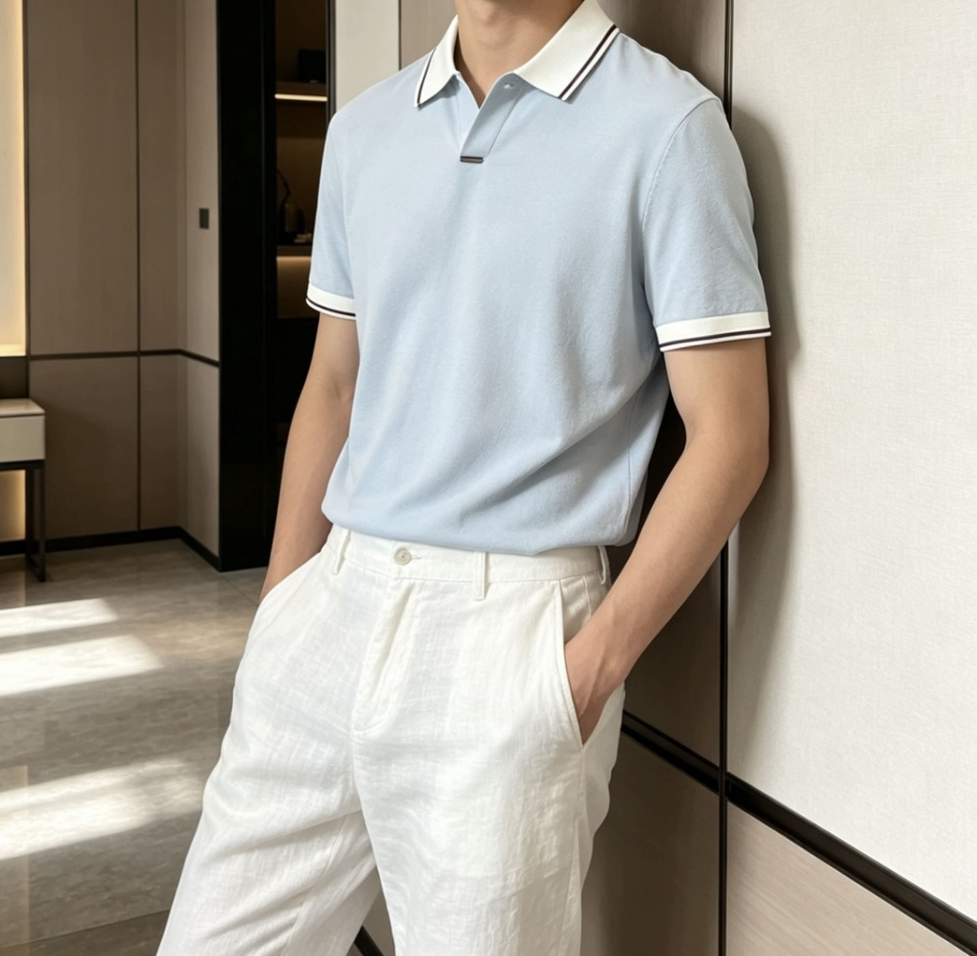 EZ高端春夏新款一比一专柜款，进口纯棉针织翻领短Tee，高端男士纯色针织撞色领短袖T恤，Polo衫！贸易