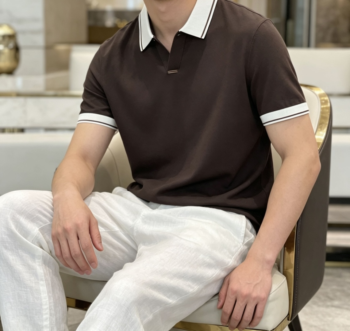 EZ高端春夏新款一比一专柜款，进口纯棉针织翻领短Tee，高端男士纯色针织撞色领短袖T恤，Polo衫！贸易