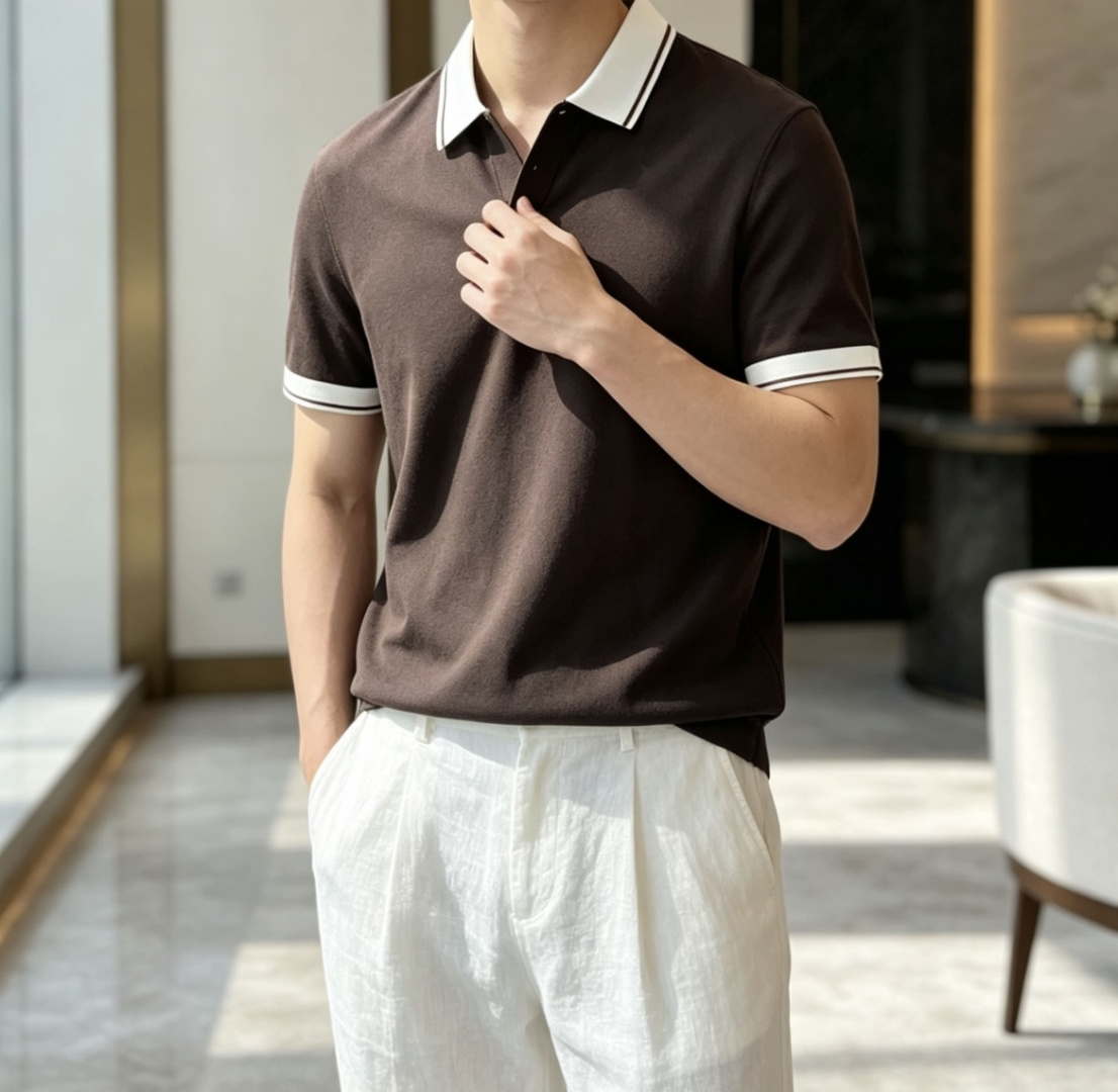 EZ高端春夏新款一比一专柜款，进口纯棉针织翻领短Tee，高端男士纯色针织撞色领短袖T恤，Polo衫！贸易