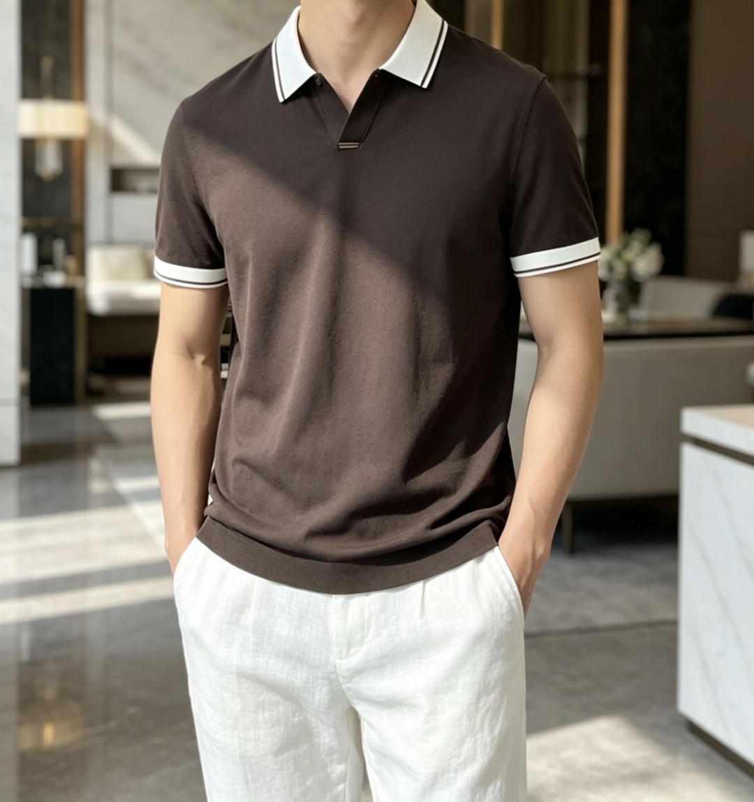 EZ高端春夏新款一比一专柜款，进口纯棉针织翻领短Tee，高端男士纯色针织撞色领短袖T恤，Polo衫！贸易