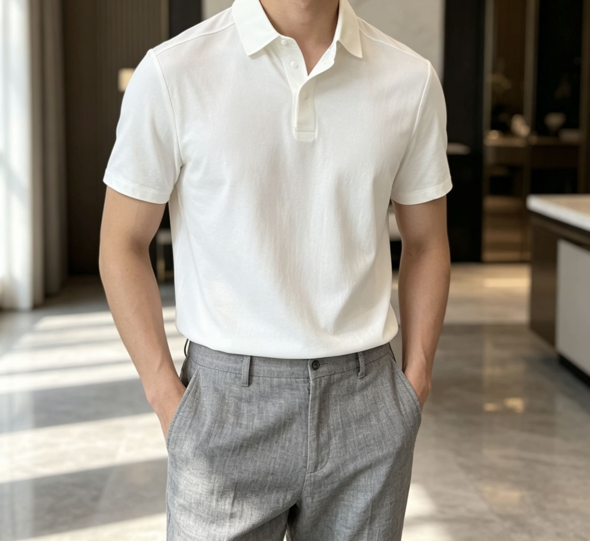 迪桑特 2026春夏经典的Polo领设计，搭配简洁的单排扣，线条利落流畅，巧妙修饰颈部线条，彰显优雅绅士