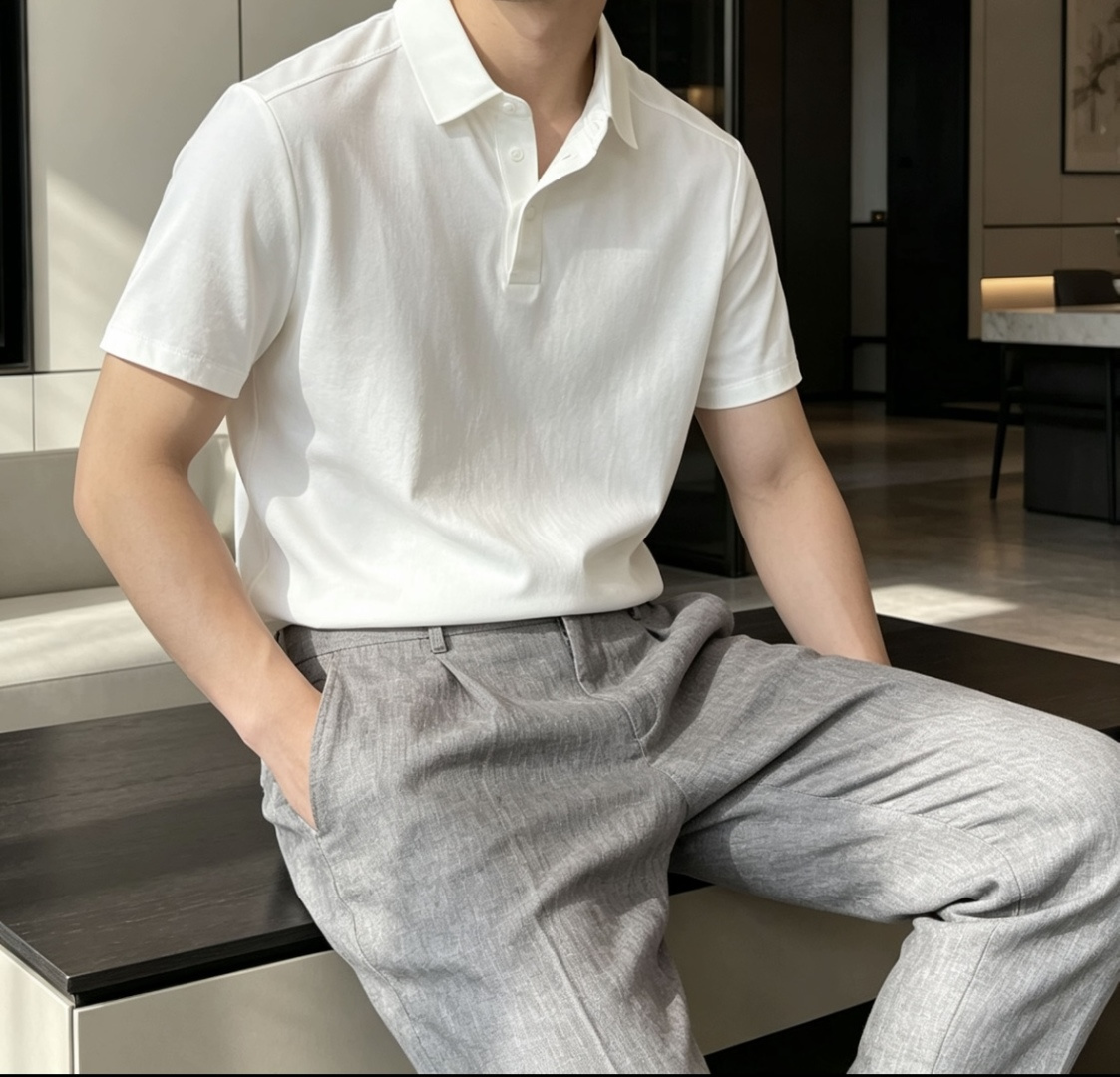 迪桑特 2026春夏经典的Polo领设计，搭配简洁的单排扣，线条利落流畅，巧妙修饰颈部线条，彰显优雅绅士