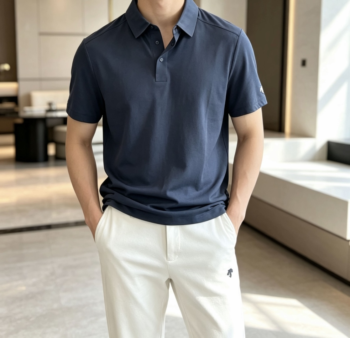 迪桑特 2026春夏经典的Polo领设计，搭配简洁的单排扣，线条利落流畅，巧妙修饰颈部线条，彰显优雅绅士