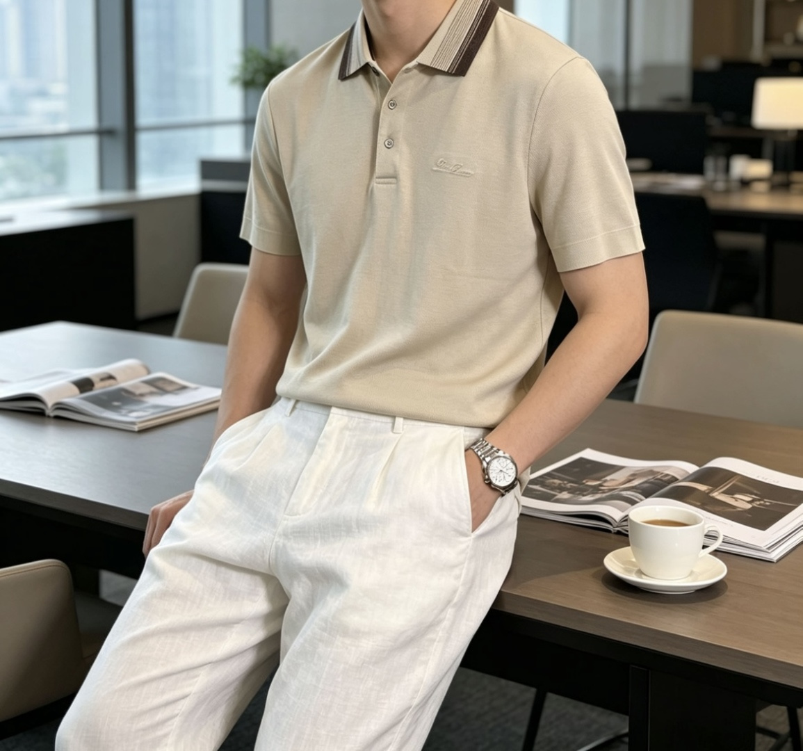 .  LORO PIANA诺悠翩雅条纹撞色领轻奢Polo衫   ◽纯棉面料质感高级，触感细腻软糯温润，上身干爽透气亲肤，