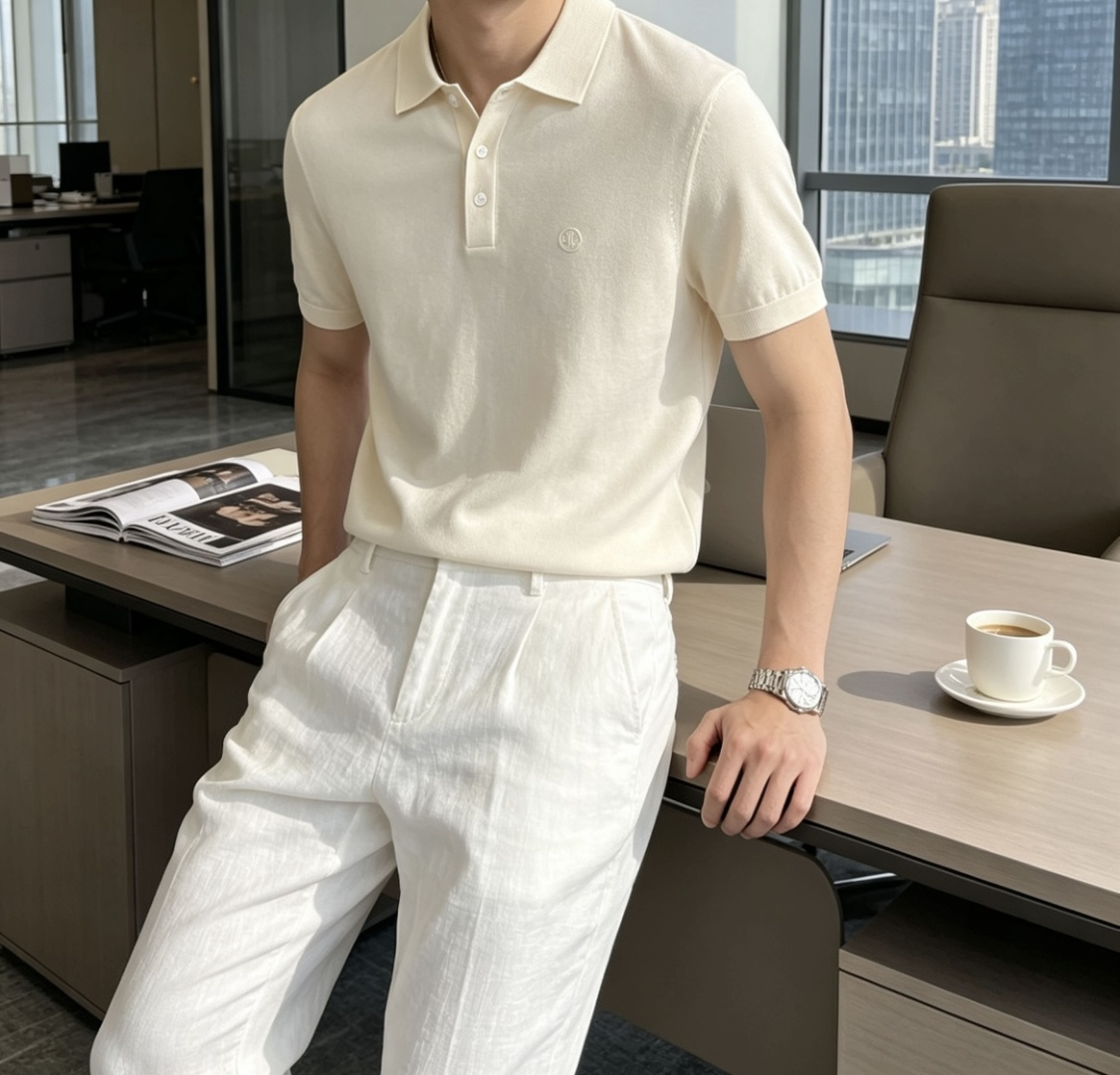 .  LSS春夏新款桑蚕丝天丝混纺针织翻领短Tee，男士经典圆形徽章标识刺绣商务休闲针织短袖Polo衫！贸易公司渠道稀出