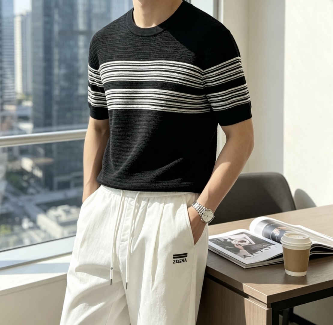 杰尼亚 2026春夏新品 甄选细腻透气针织面料，立体横条肌理自带高级质感，轻薄透气不闷汗，兼顾舒适度与版