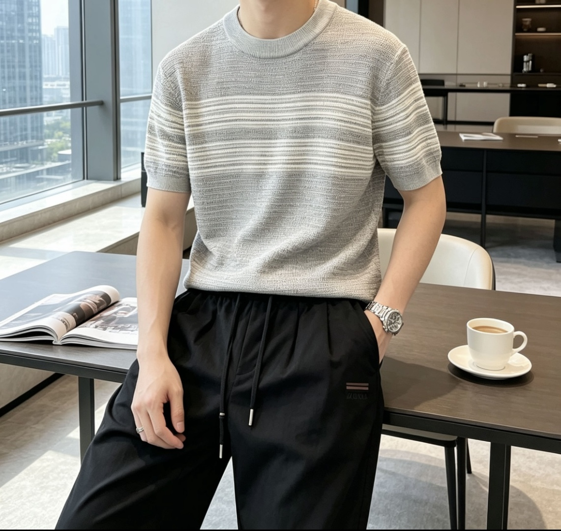 杰尼亚 2026春夏新品 甄选细腻透气针织面料，立体横条肌理自带高级质感，轻薄透气不闷汗，兼顾舒适度与版