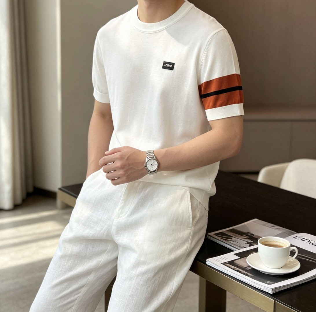 杰尼亚 2026ss夏季新品男士针织圆领短袖衫！独家首发 采用纤维超细与高弹的伊力特纱线织造而成，质感与