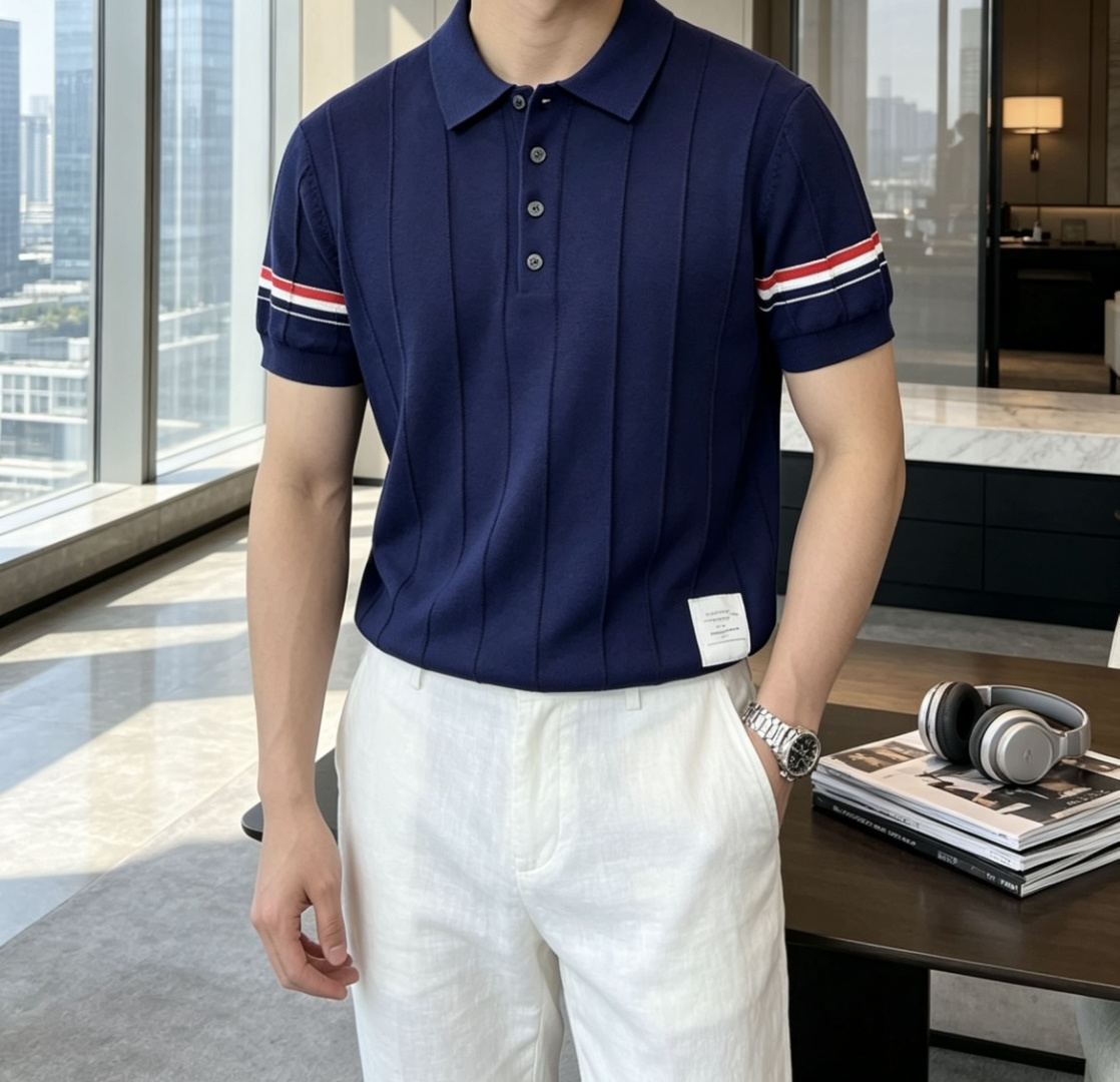 NO:913493,TB 2026ss new summer men’s knitted lapel short-sleeved shirt!  Exclusive first release. It is woven with ultra-fine fiber and high-elastic Yilite yarn. The texture and texture are super soft, very light and soft, and the hand feels extremely delicate and silky. The finer the yarn, the harder it is to work, and it is very time-consuming and material-consuming. It is a super rare product. The particularity of the fabric of each piece of clothing makes it silky soft and smooth. The unique embroidery pattern on the chest, you can feel its softness and smoothness when it comes into contact with the skin!  The overall design is simple and elegant, continuing the classic, calm and elegant classic color scheme, naturally exuding casual elegance. Size m-xxxl, T-shirt,19860909TB 2026ss夏季新品男士针织翻领短袖衫！独家首发 采用纤维超细与高弹的伊力特纱线织造而成,质感与纹理都是超级的柔和,非常的轻薄柔软,手感极其的细腻丝滑,纱线越细做工就越难,并且非常的耗时耗料,超级难得一见的佳品,每件衣服的面料的特殊性使它具有丝般的柔软和润滑,胸前独特刺绣图案,与肌肤接触就能感觉到它的柔软和爽滑！整体简洁、大气,延续经典,沉稳大气的经典配色,自然散发出的休闲儒雅 尺码m-xxxl    齐,,T-shirt,,Men's clothing