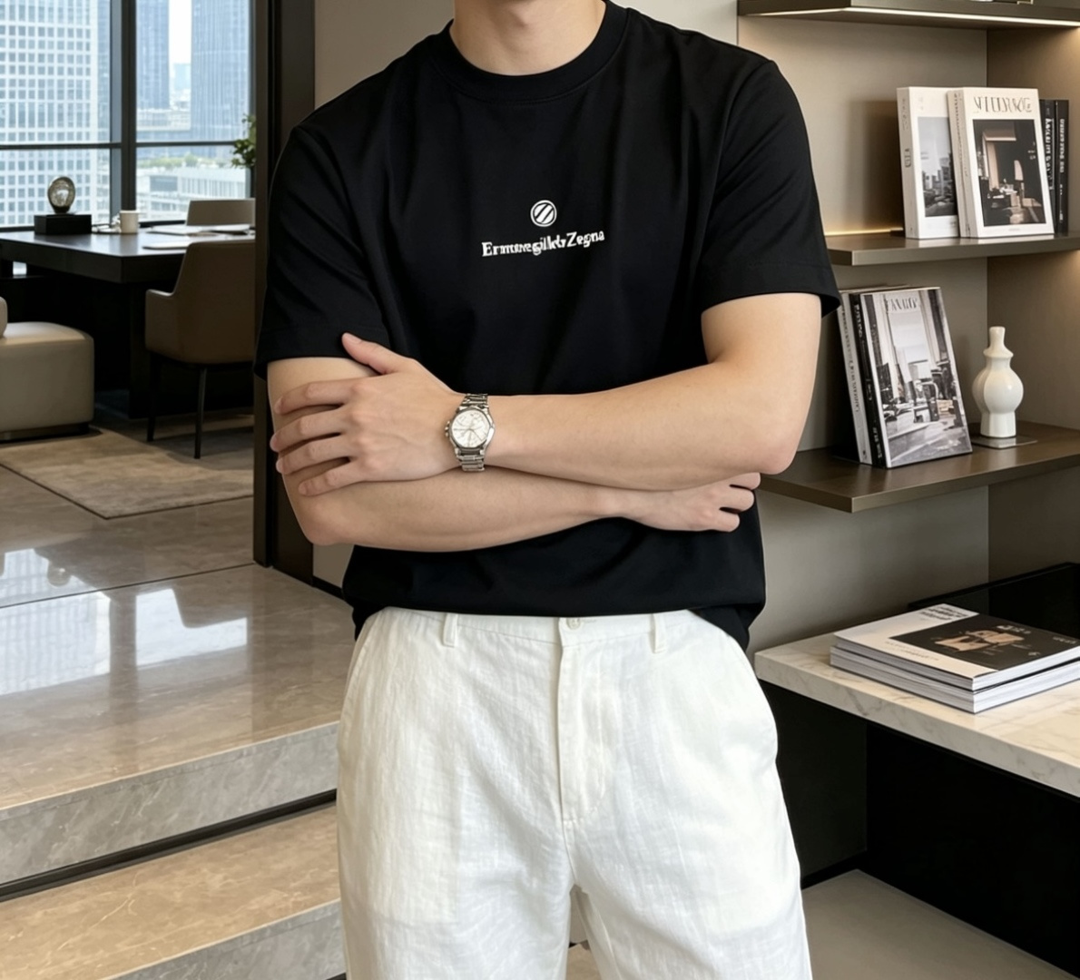 杰尼亚 甄选品牌高支长绒棉面料，触感顺滑细腻，上身自带凉感，垂坠利落不软塌，久穿也不易变形、起皱，告别廉