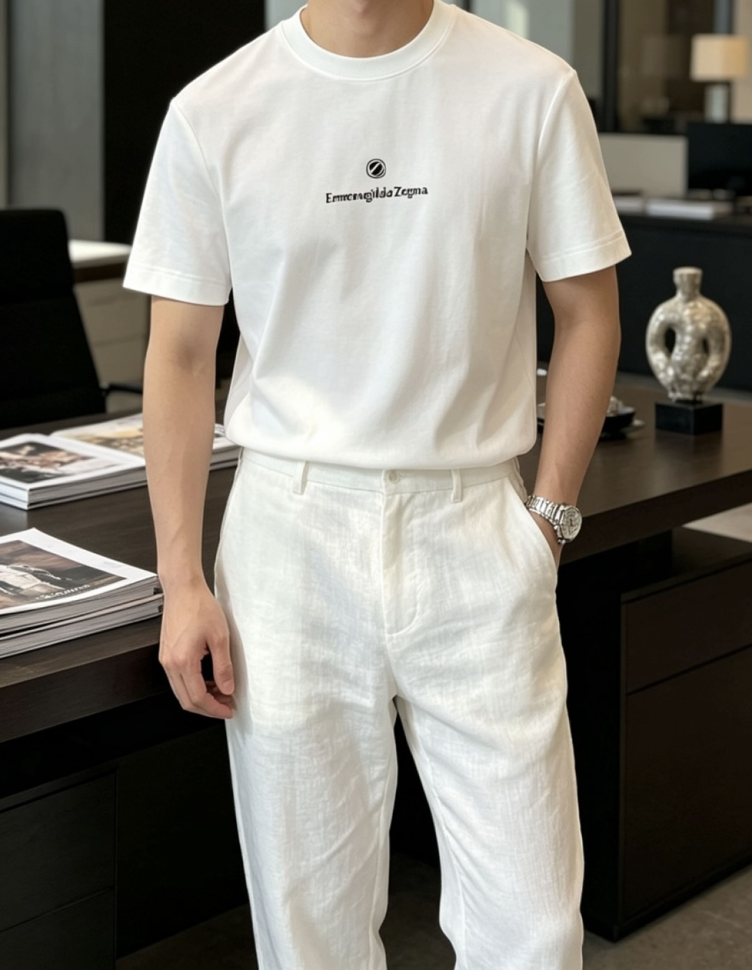 杰尼亚 甄选品牌高支长绒棉面料，触感顺滑细腻，上身自带凉感，垂坠利落不软塌，久穿也不易变形、起皱，告别廉