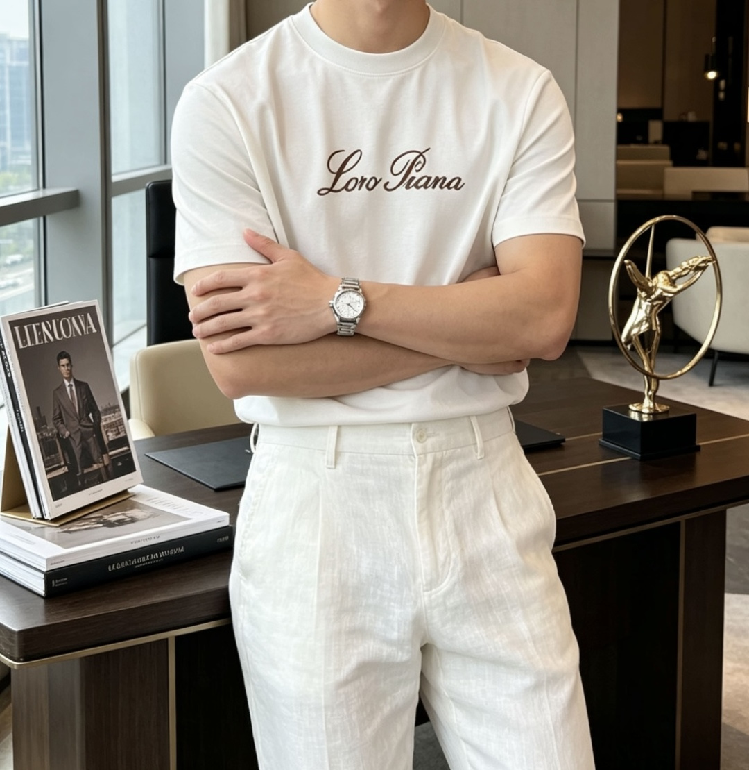 Loro Piana 甄选品牌标志性高支棉面料，触感如云朵般柔软细腻，自带高级垂坠感，上身零束缚、不闷汗