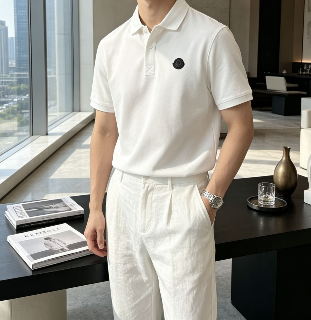 Moncler后背竖标Polo衫｜胸前黑色圆形徽章，后背竖向雪山大logo，前后呼应层次感拉满精选透气珠