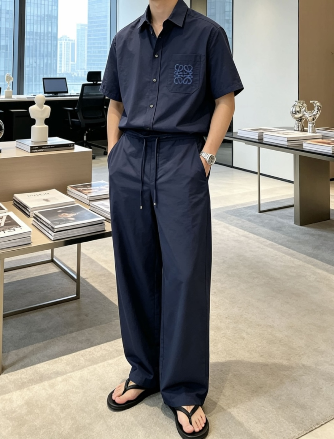 LOEWE藏青同色系休闲套装｜低调高级松弛感短袖衬衫+阔腿长裤成套搭配，统一深海蓝质感满分口袋同色Ana