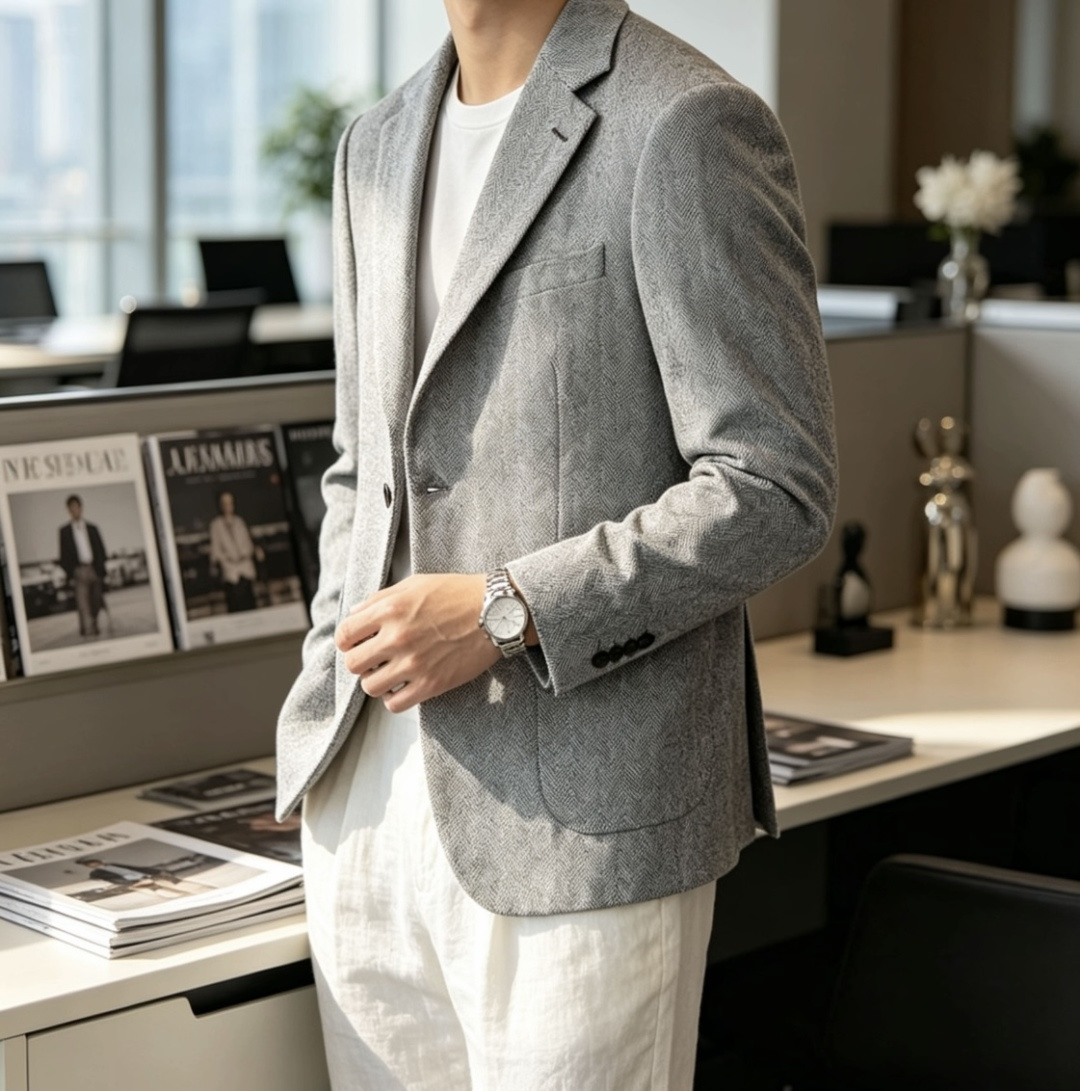 LSS早春新款经典人字纹亚麻混纺翻领西服，男士时尚两粒扣商务休闲百搭西装夹克外套！贸易公司渠道稀出，同步