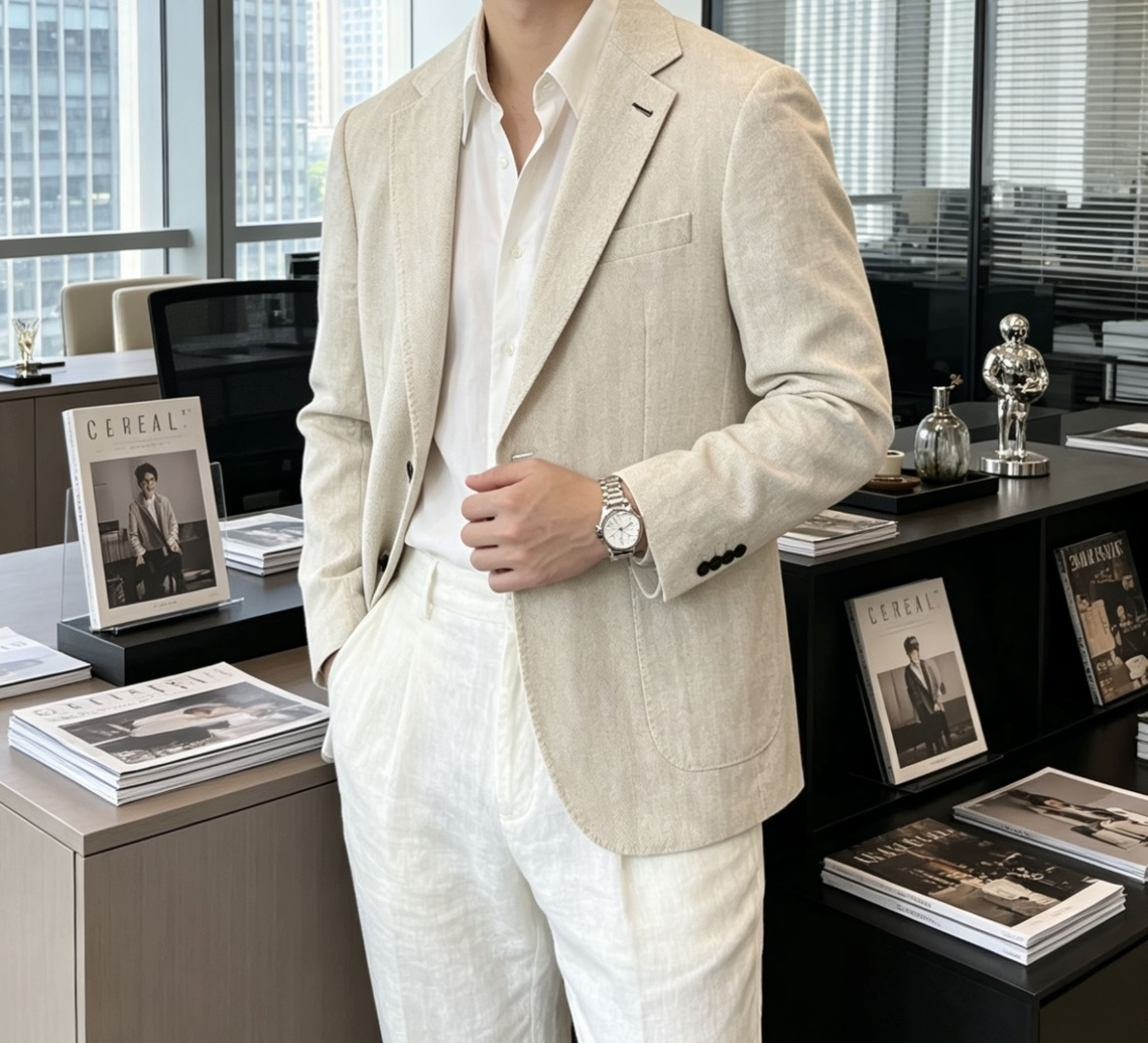 LSS早春新款经典人字纹亚麻混纺翻领西服，男士时尚两粒扣商务休闲百搭西装夹克外套！贸易公司渠道稀出，同步