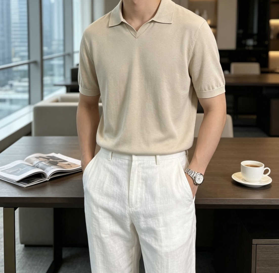 BC26SS春夏新款顶级桑蚕丝天丝混纺针织翻领短Tee，男士轻奢老钱风休闲纯色针织短袖Polo衫！贸易公