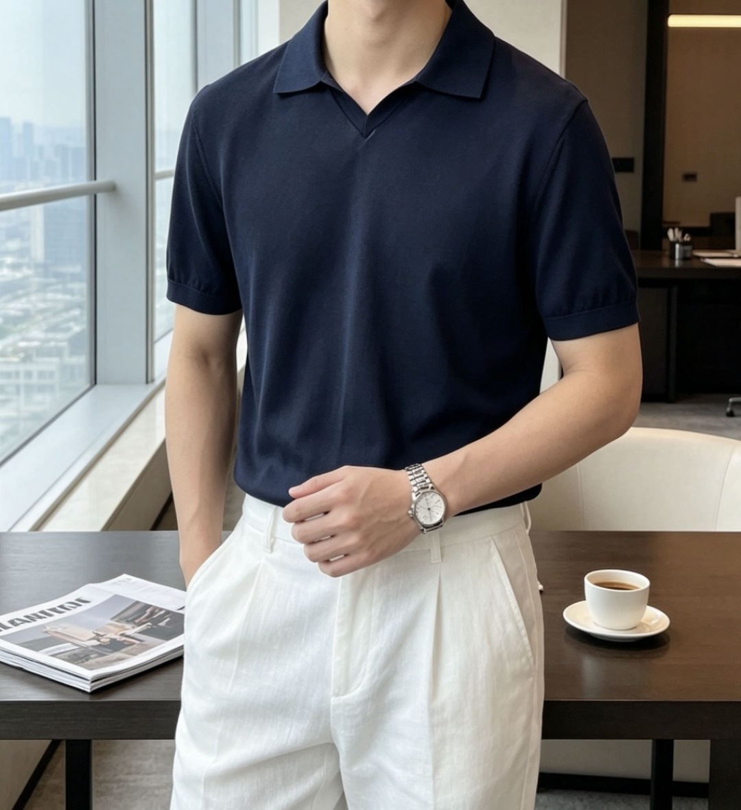 BC26SS春夏新款顶级桑蚕丝天丝混纺针织翻领短Tee，男士轻奢老钱风休闲纯色针织短袖Polo衫！贸易公