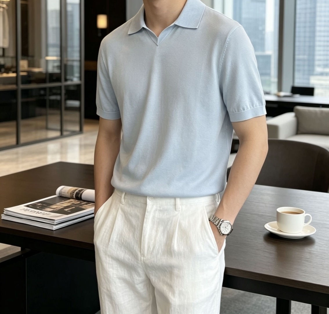BC26SS春夏新款顶级桑蚕丝天丝混纺针织翻领短Tee，男士轻奢老钱风休闲纯色针织短袖Polo衫！贸易公