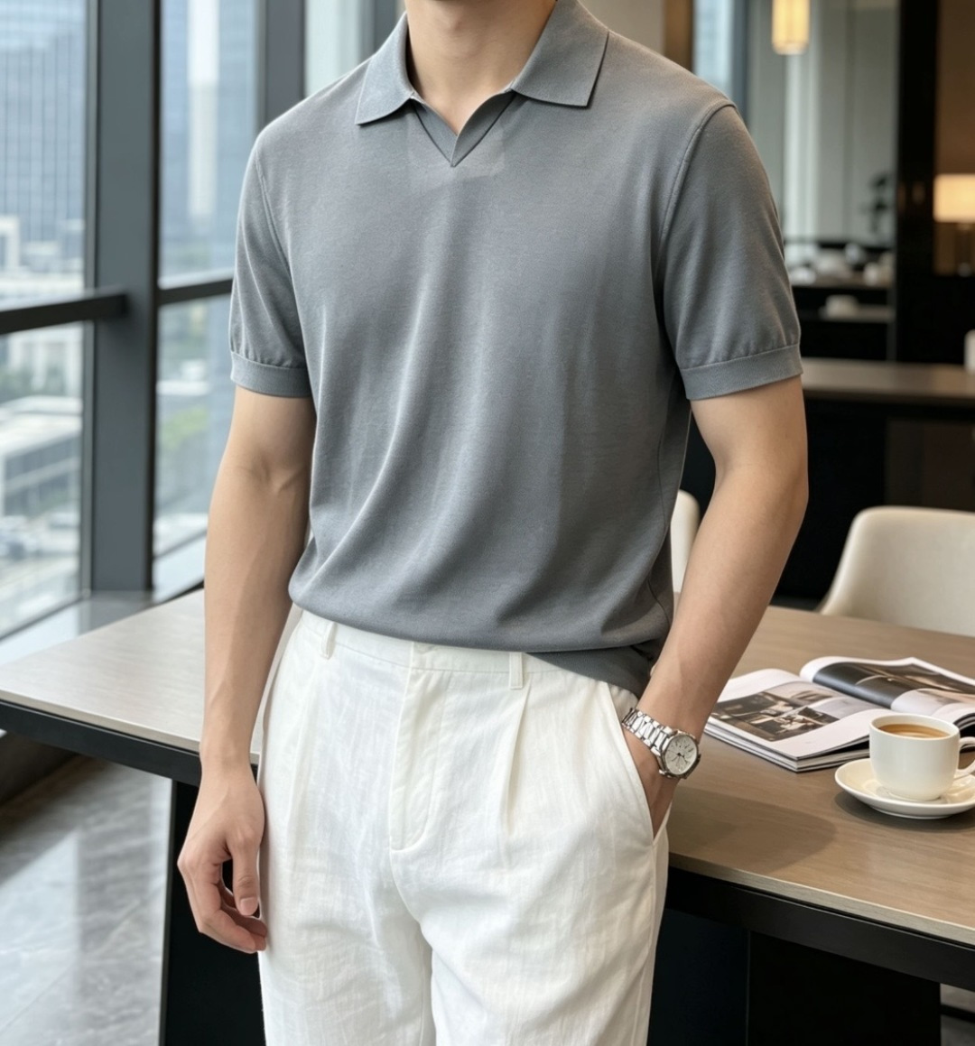 BC26SS春夏新款顶级桑蚕丝天丝混纺针织翻领短Tee，男士轻奢老钱风休闲纯色针织短袖Polo衫！贸易公