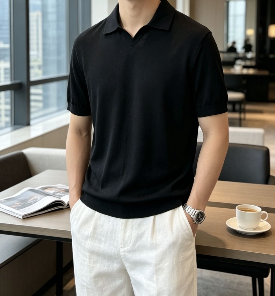 BC26SS春夏新款顶级桑蚕丝天丝混纺针织翻领短Tee，男士轻奢老钱风休闲纯色针织短袖Polo衫！贸易公