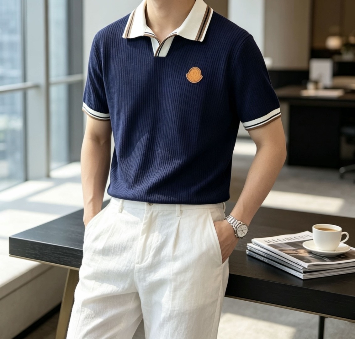 NO:913503,Mengkou 2026ss new summer men's knitted lapel short-sleeved shirt!  Exclusive first release. It is woven with ultra-fine fiber and high-elastic Yilite yarn. The texture and texture are super soft, very light and soft, and the hand feels extremely delicate and silky. The finer the yarn, the harder it is to work, and it is very time-consuming and material-consuming. It is a super rare product. The particularity of the fabric of each piece of clothing makes it silky soft and smooth. The unique embroidery pattern on the chest, you can feel its softness and smoothness when it comes into contact with the skin!  The overall design is simple and elegant, continuing the classic, calm and elegant classic color scheme, naturally exuding casual elegance. Size m-xxxl, Moncler, T-shirt,19860909蒙口 2026ss夏季新品男士针织翻领短袖衫！独家首发 采用纤维超细与高弹的伊力特纱线织造而成,质感与纹理都是超级的柔和,非常的轻薄柔软,手感极其的细腻丝滑,纱线越细做工就越难,并且非常的耗时耗料,超级难得一见的佳品,每件衣服的面料的特殊性使它具有丝般的柔软和润滑,胸前独特刺绣图案,与肌肤接触就能感觉到它的柔软和爽滑！整体简洁、大气,延续经典,沉稳大气的经典配色,自然散发出的休闲儒雅 尺码m-xxxl    齐,,Moncler,T-shirt,,Men's clothing