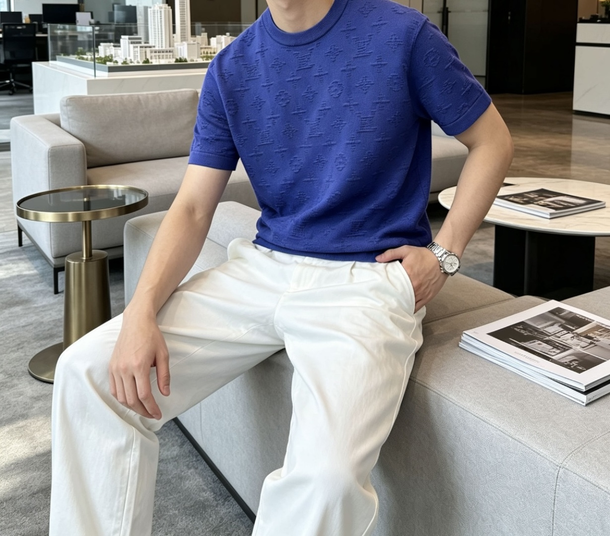 Lv高定克莱因紫针织短袖，一眼沦陷的显贵色调 精选软糯亲肤针织面料，肌理细腻透气，上身柔和不闷汗，贴合身形却无紧绷束缚感